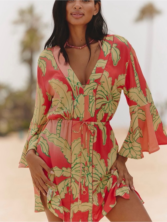 Anthropologie Other - Anthropologie Coral-Red Tropical Palm Print Swim Cover-Up